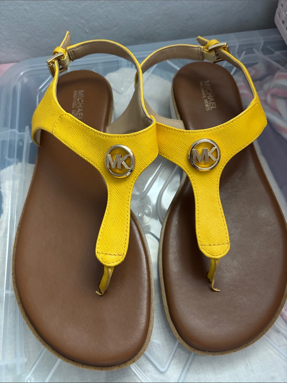 Michael Kors Yellow T-Strap MK Logo Sandals